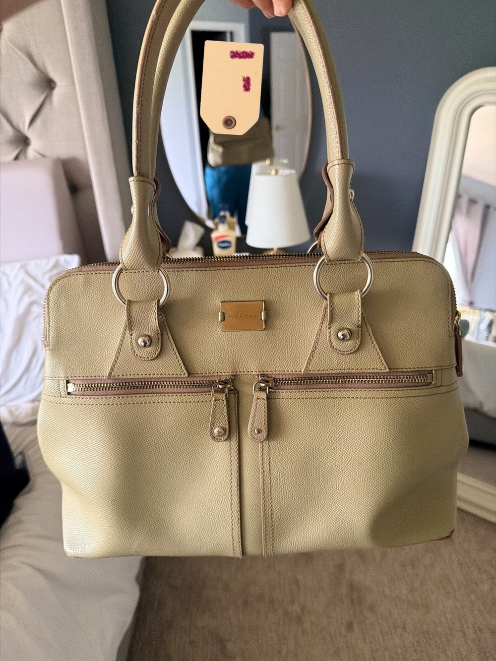 Textured Leather Shoulder Satchel in Light Beige by Unknown